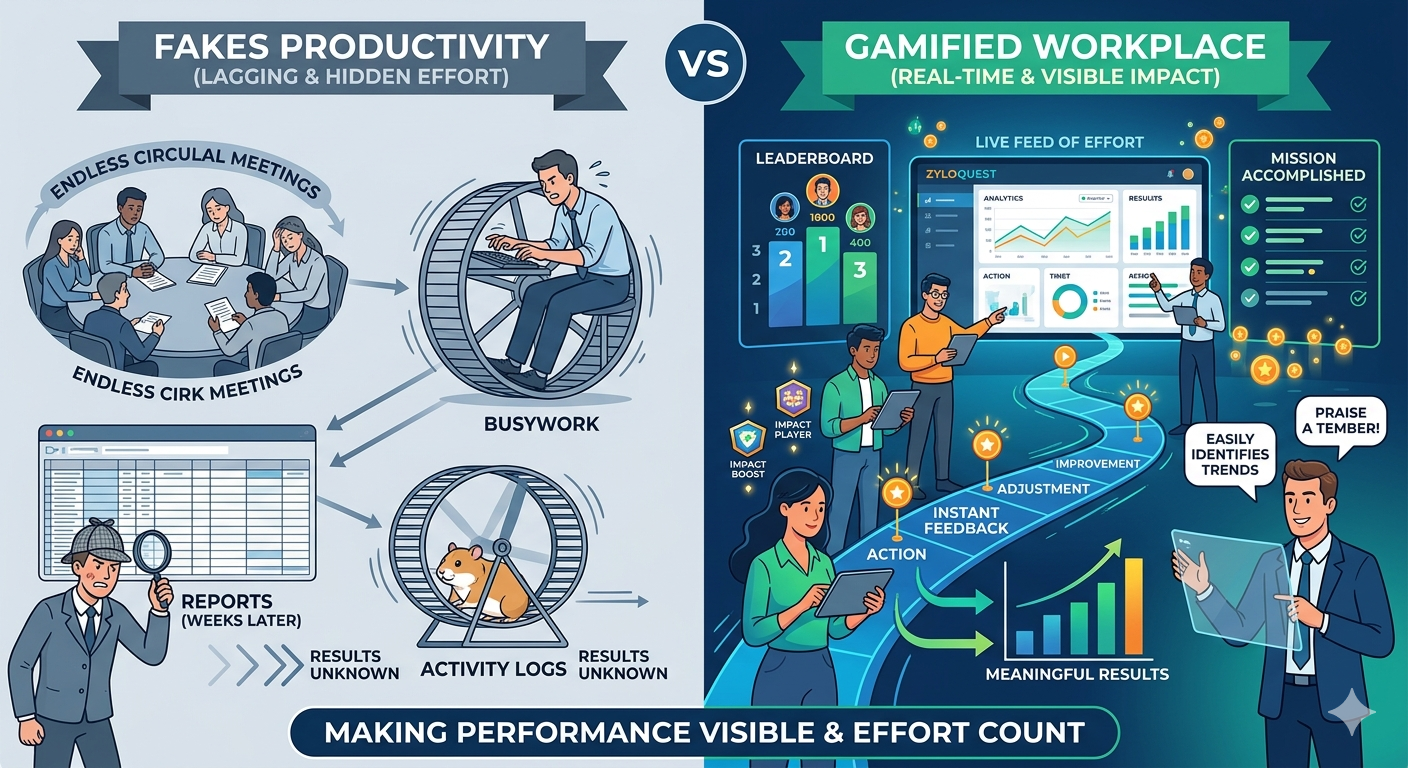 Workplace gamification dashboard displaying employee performance tracking, real-time feedback, team leaderboards, productivity metrics, and behavior-based rewards designed to improve employee engagement and eliminate fake productivity