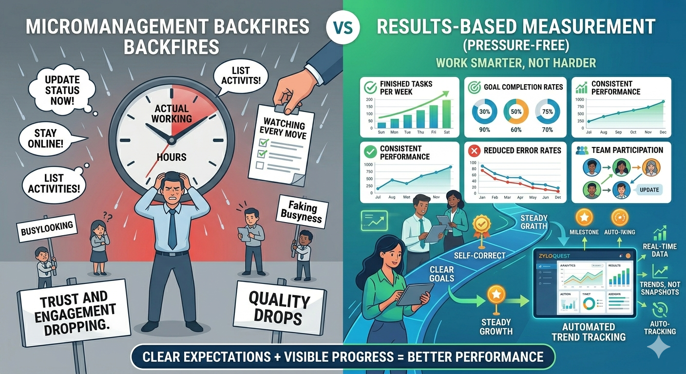 Employee productivity dashboard showing real-time performance metrics, goal completion rates, task tracking, team engagement data, and automated workforce analytics used to measure employee productivity without micromanagement