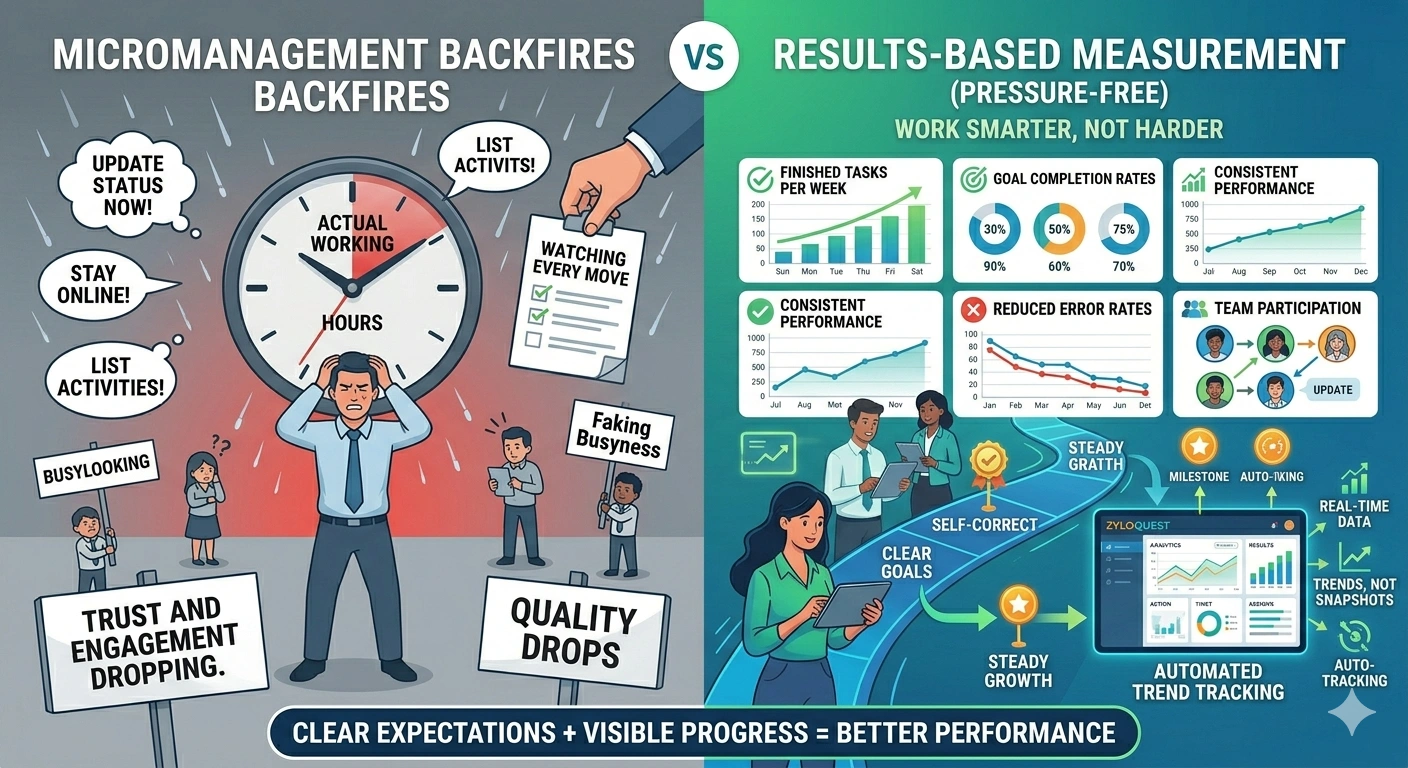 Employee productivity dashboard showing real-time performance metrics, goal completion rates, task tracking, team engagement data, and automated workforce analytics used to measure employee productivity without micromanagement